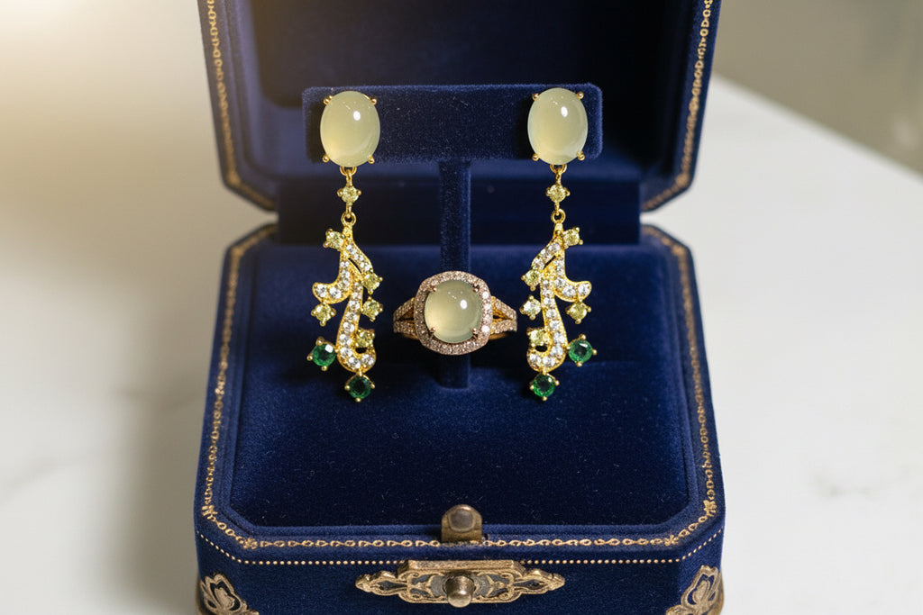 Handmade Prehnite and Natural Diamond & Emerald Ring and Earrings Set