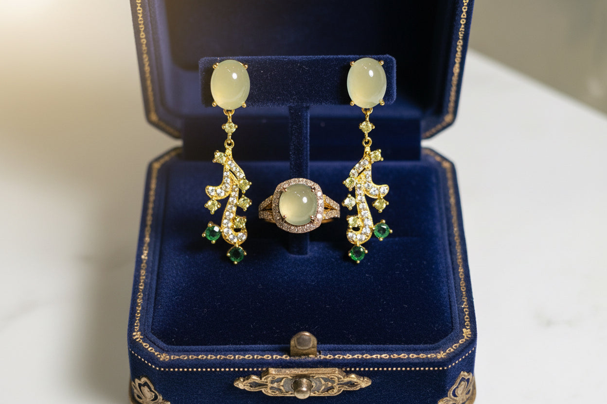Handmade Prehnite and Natural Diamond & Emerald Ring and Earrings Set
