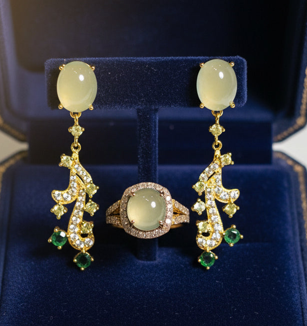 Handmade Prehnite and Natural Diamond & Emerald Ring and Earrings Set