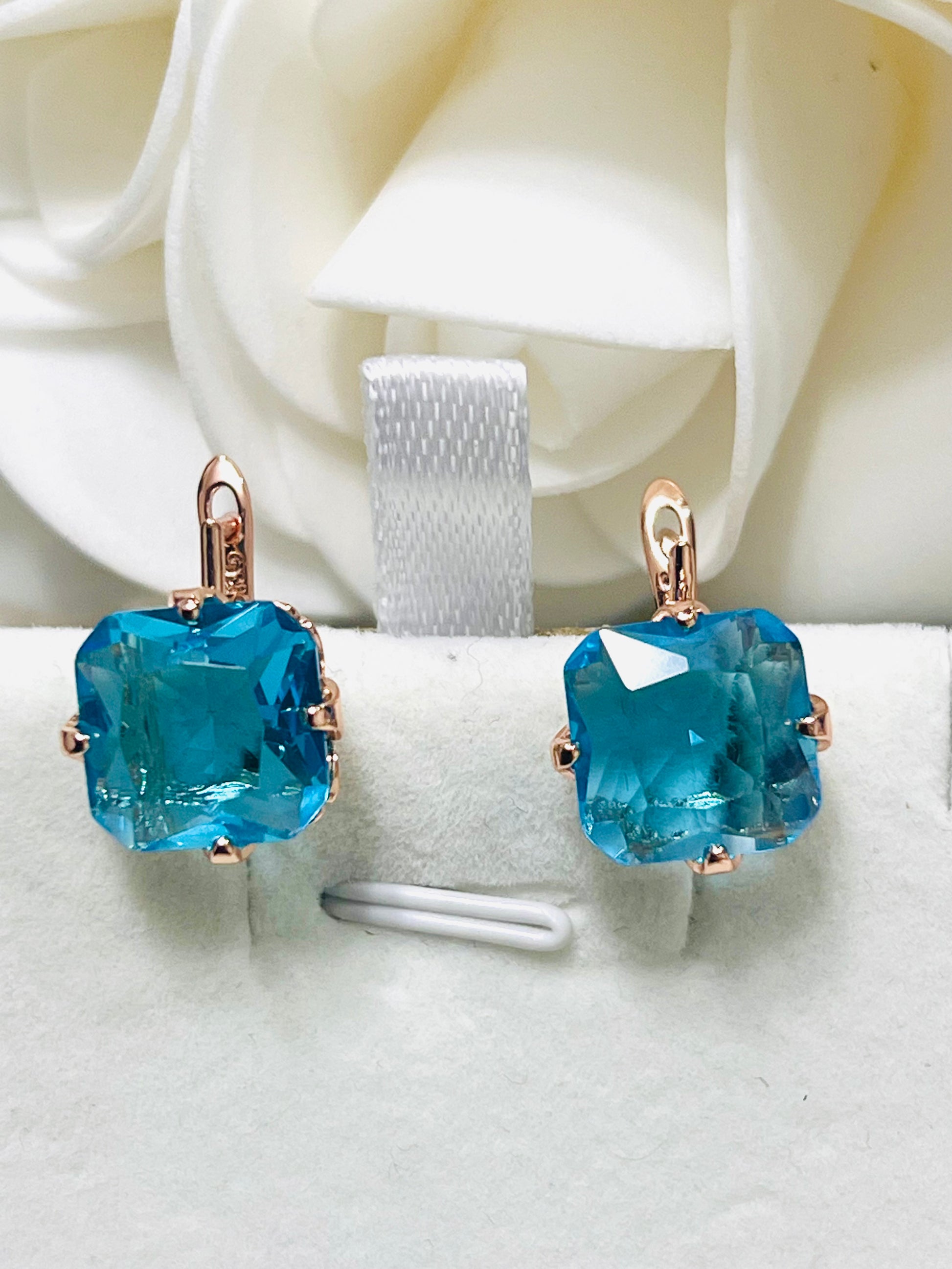 14K Rolled Gold Pink or Blue Topaz Minimalistic Square Drop Earrings