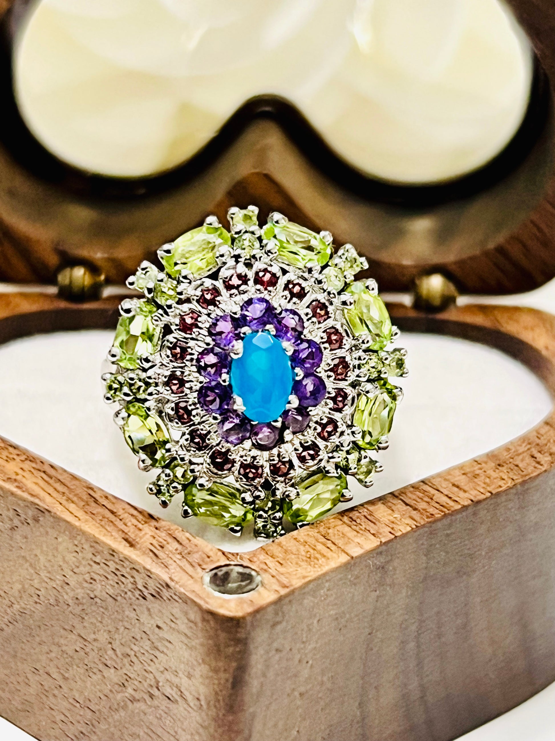 Handcrafted Peridot, Blue Opal, Amethyst & Garnet Oval Ring