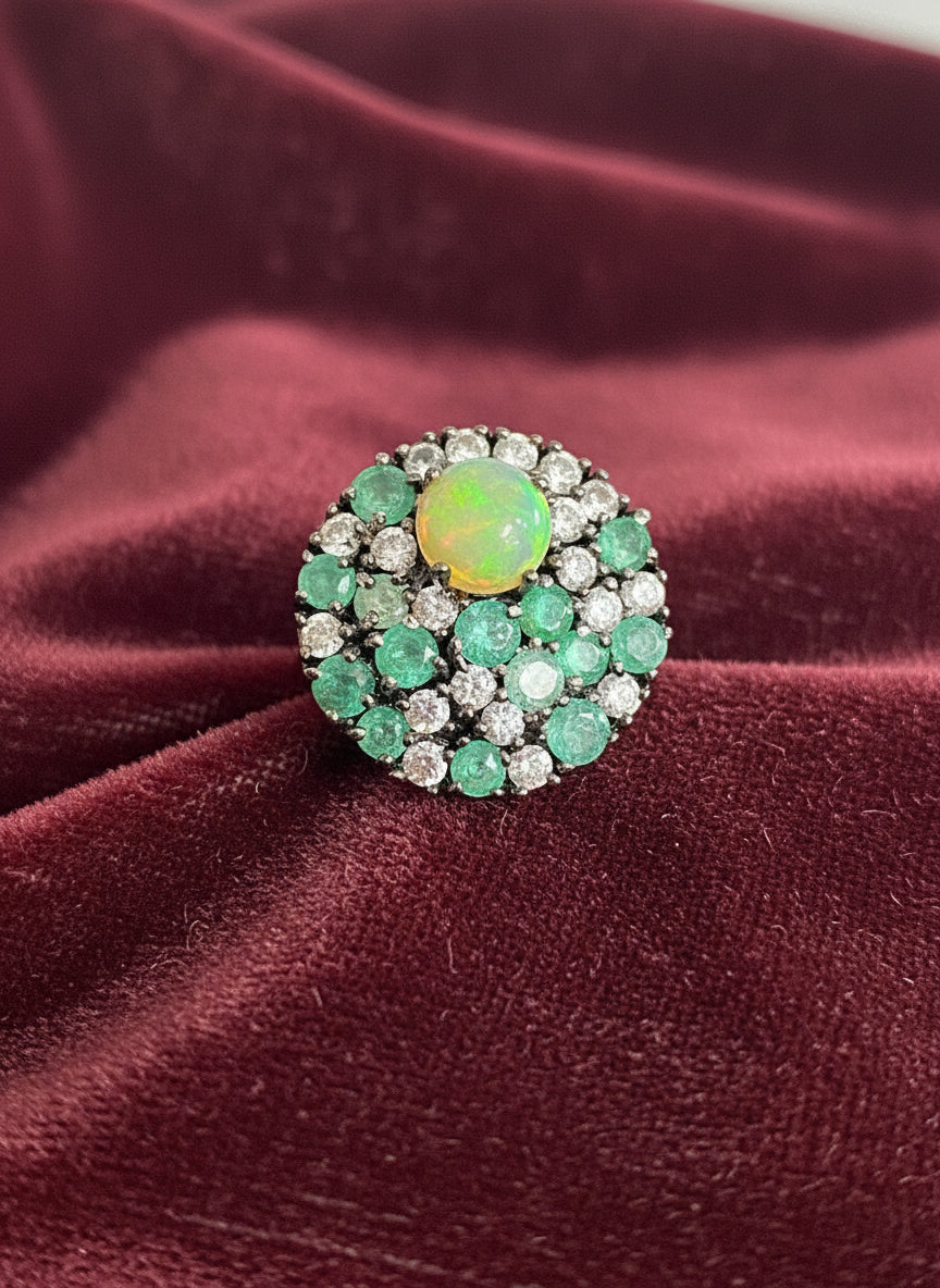 Handmade Opal, Emerald & White Topaz Ring and Earrings Set