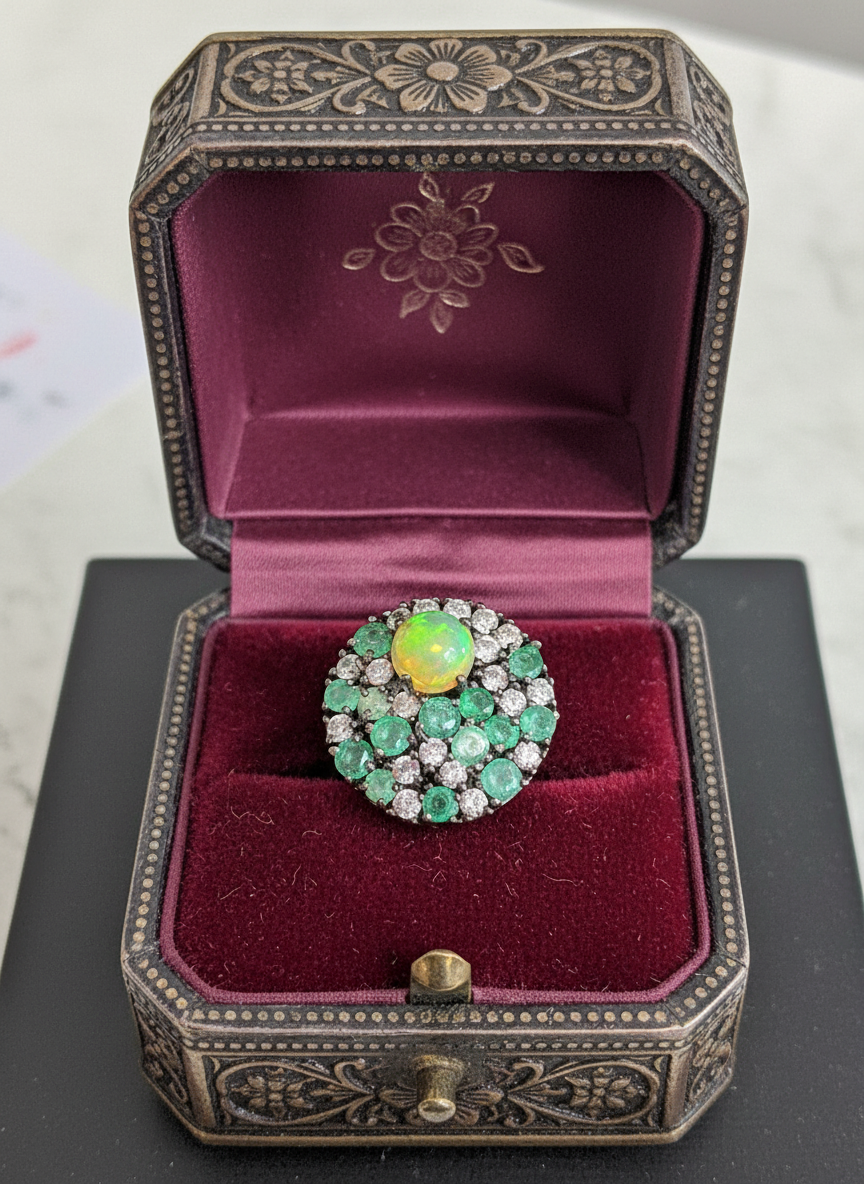 Handmade Opal, Emerald & White Topaz Ring and Earrings Set