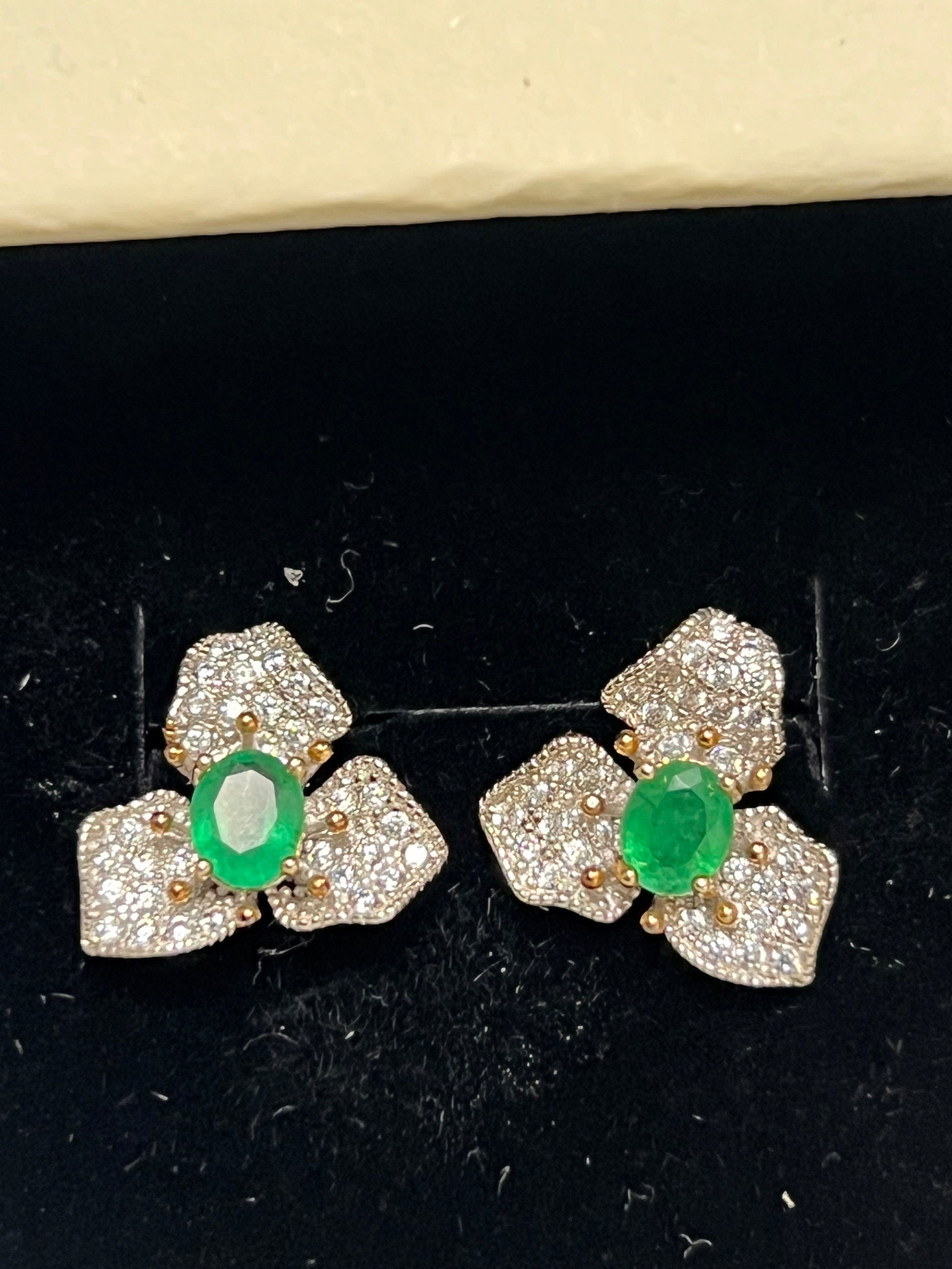 Natural Colombian Emerald Floral Stud Earrings with Diamond Accents