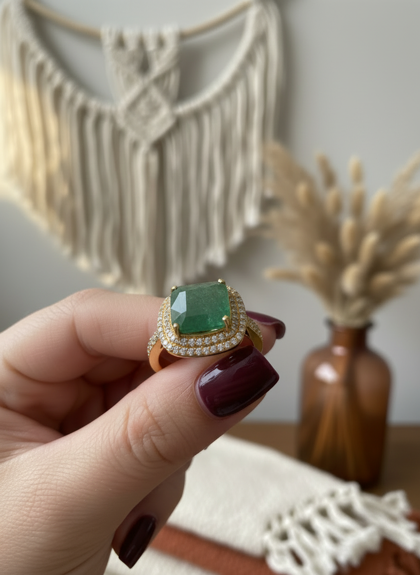 Handmade Genuine Emerald Simple Chic Statement Ring