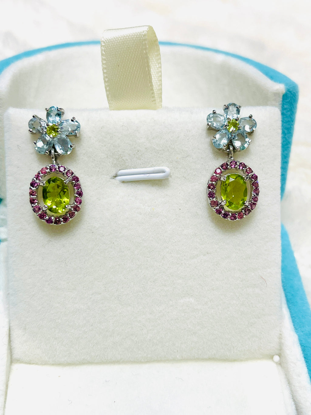 “Spring Bloom” Artisan Made Genuine  Peridot & Sapphire Floral Earrings – One of a Kind