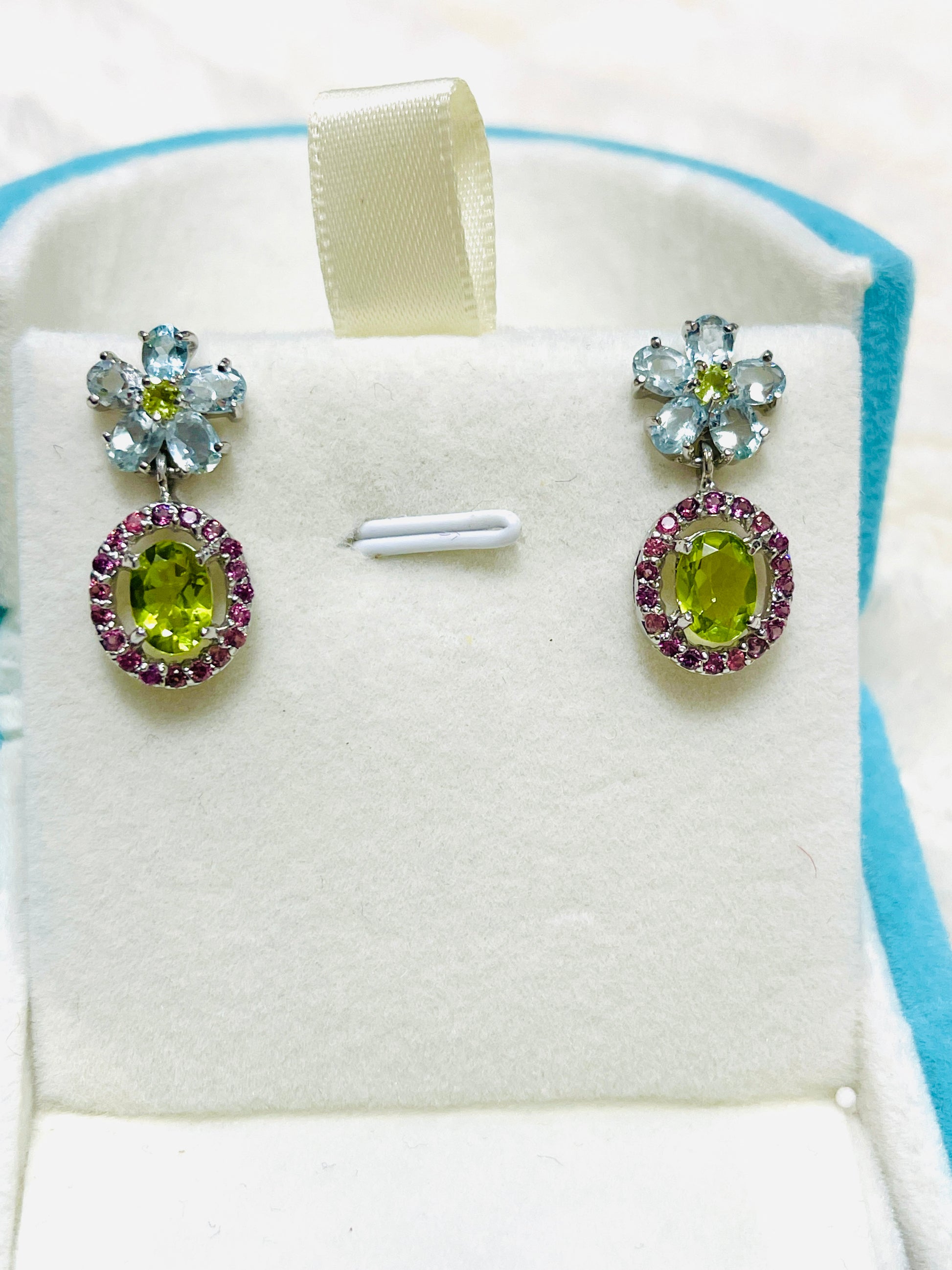 “Spring Bloom” Artisan Made Genuine  Peridot & Sapphire Floral Earrings – One of a Kind