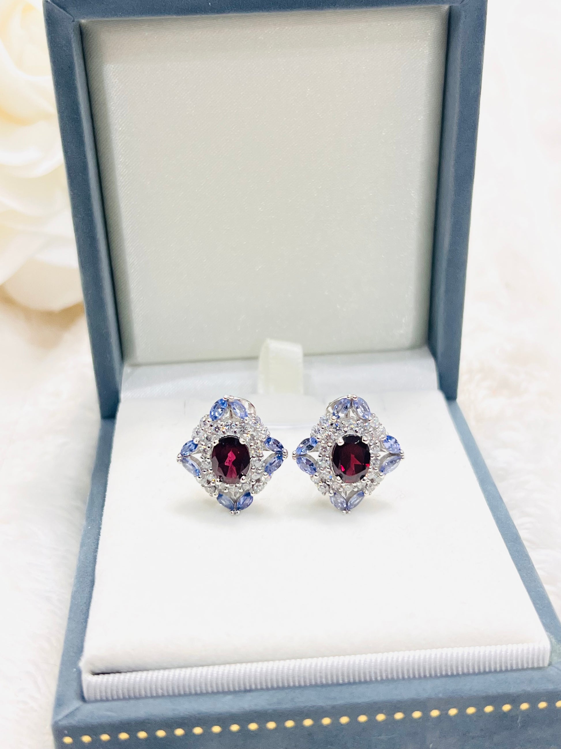 Handmade Natural Tanzanite and Garnet Omega Backs Earrings