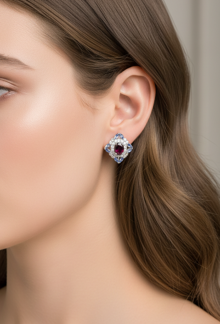 Handmade Natural Tanzanite and Garnet Omega Backs Earrings