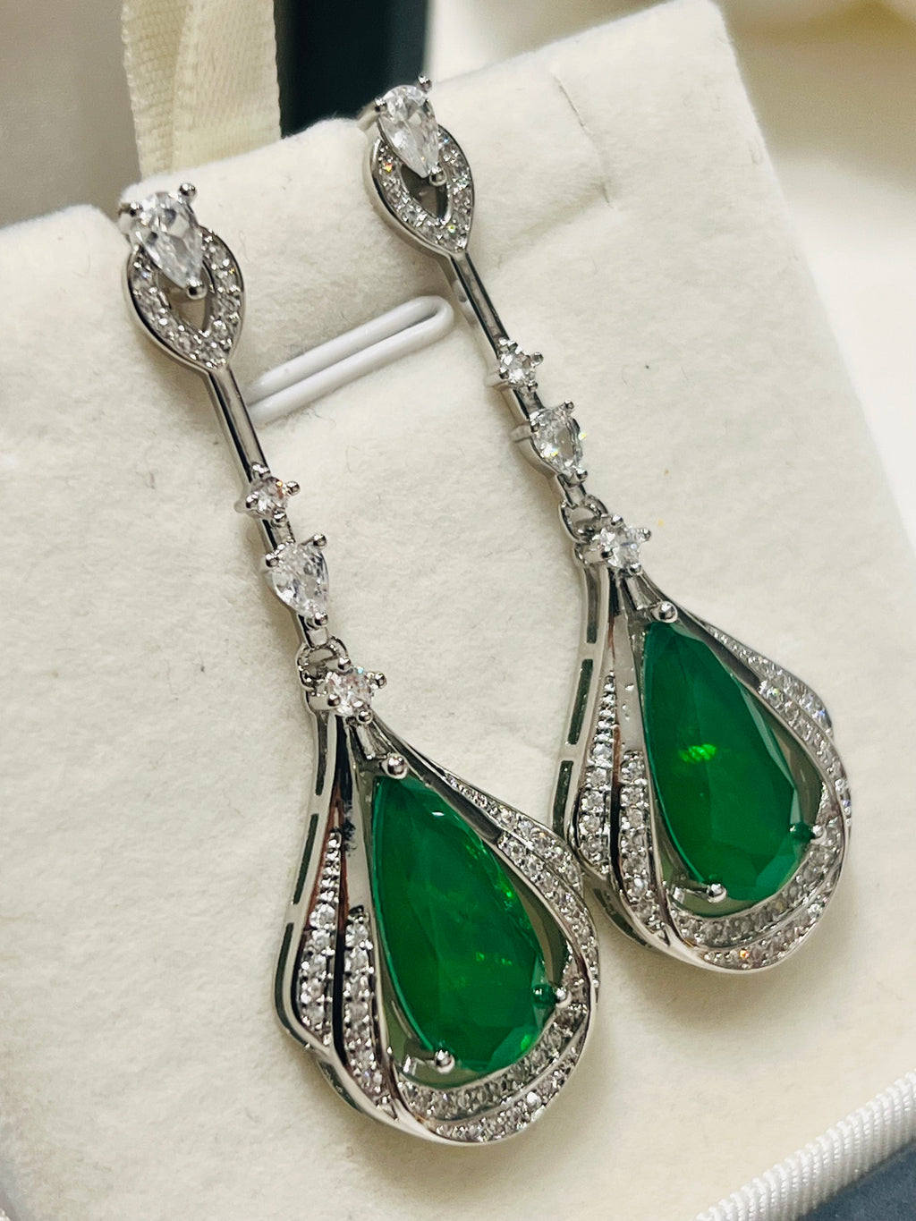 Stunning Long Sterling silver Emerald, Paraiba or Ruby Fancy statement Earrings (lab created)