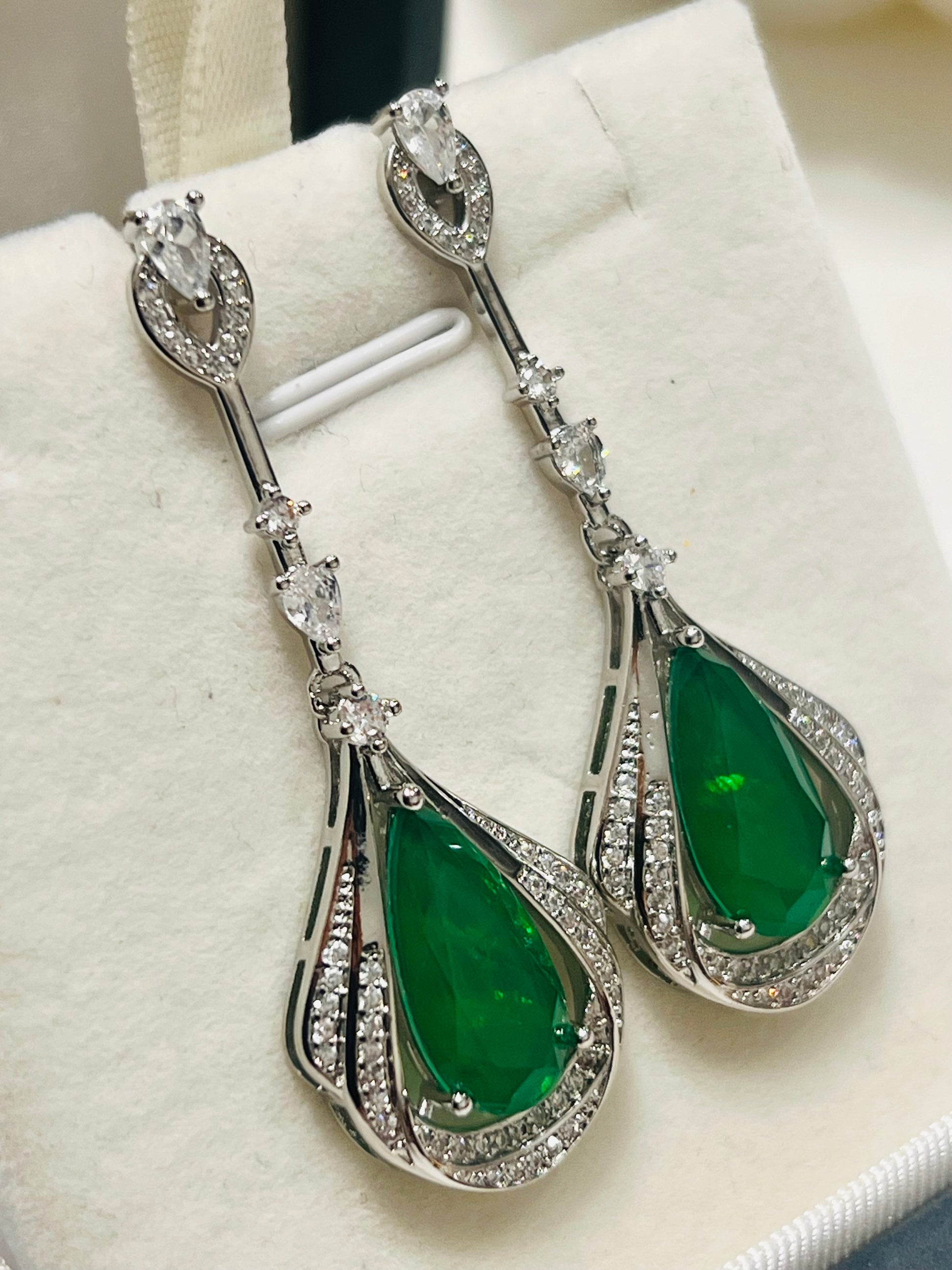 Stunning Long Sterling silver Emerald, Paraiba or Ruby Fancy statement Earrings (lab created)
