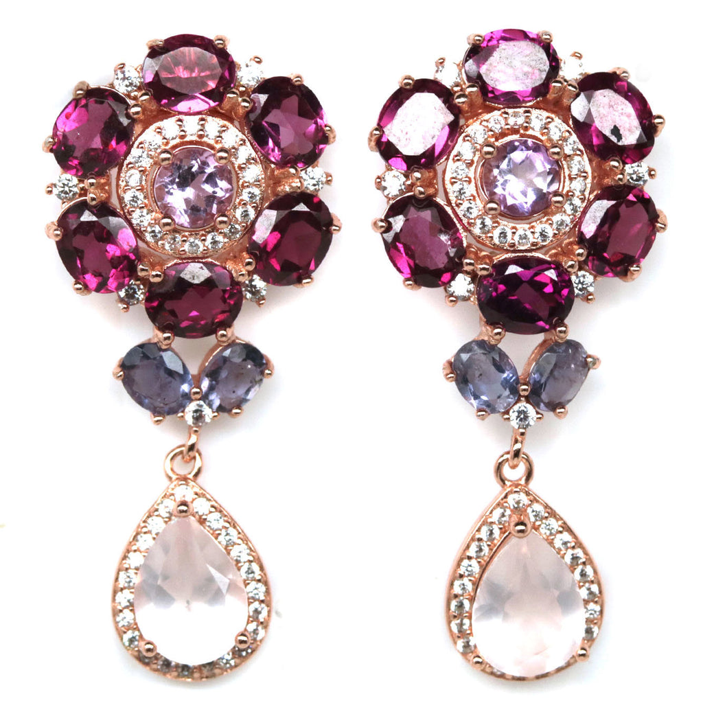 Handmade Rhodolite & Rose Quartz Floral Drop Earrings