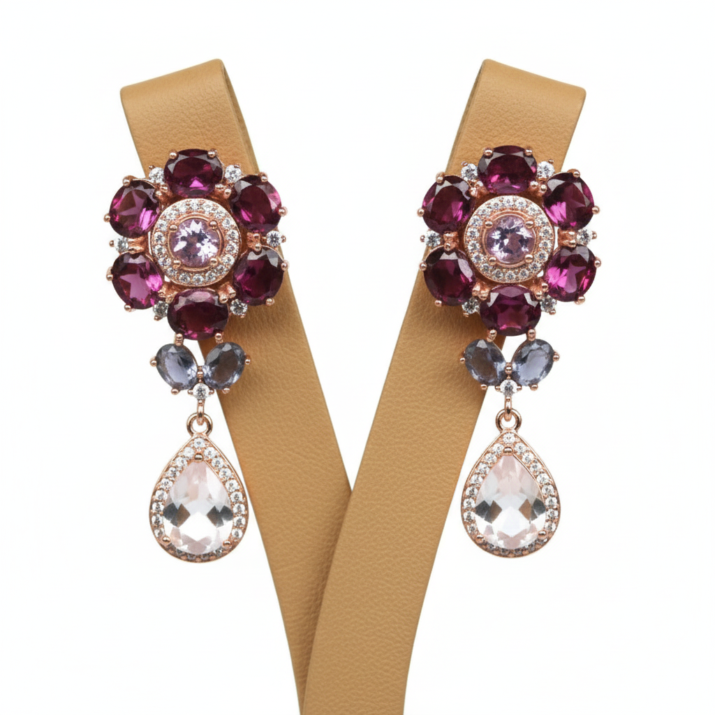 Handmade Rhodolite & Rose Quartz Floral Drop Earrings