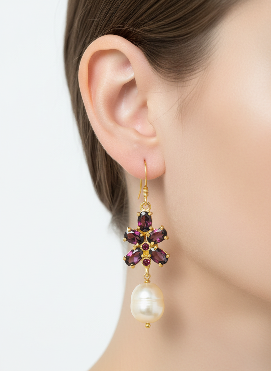 Handmade Rhodolite Garnet and Pearl Earrings