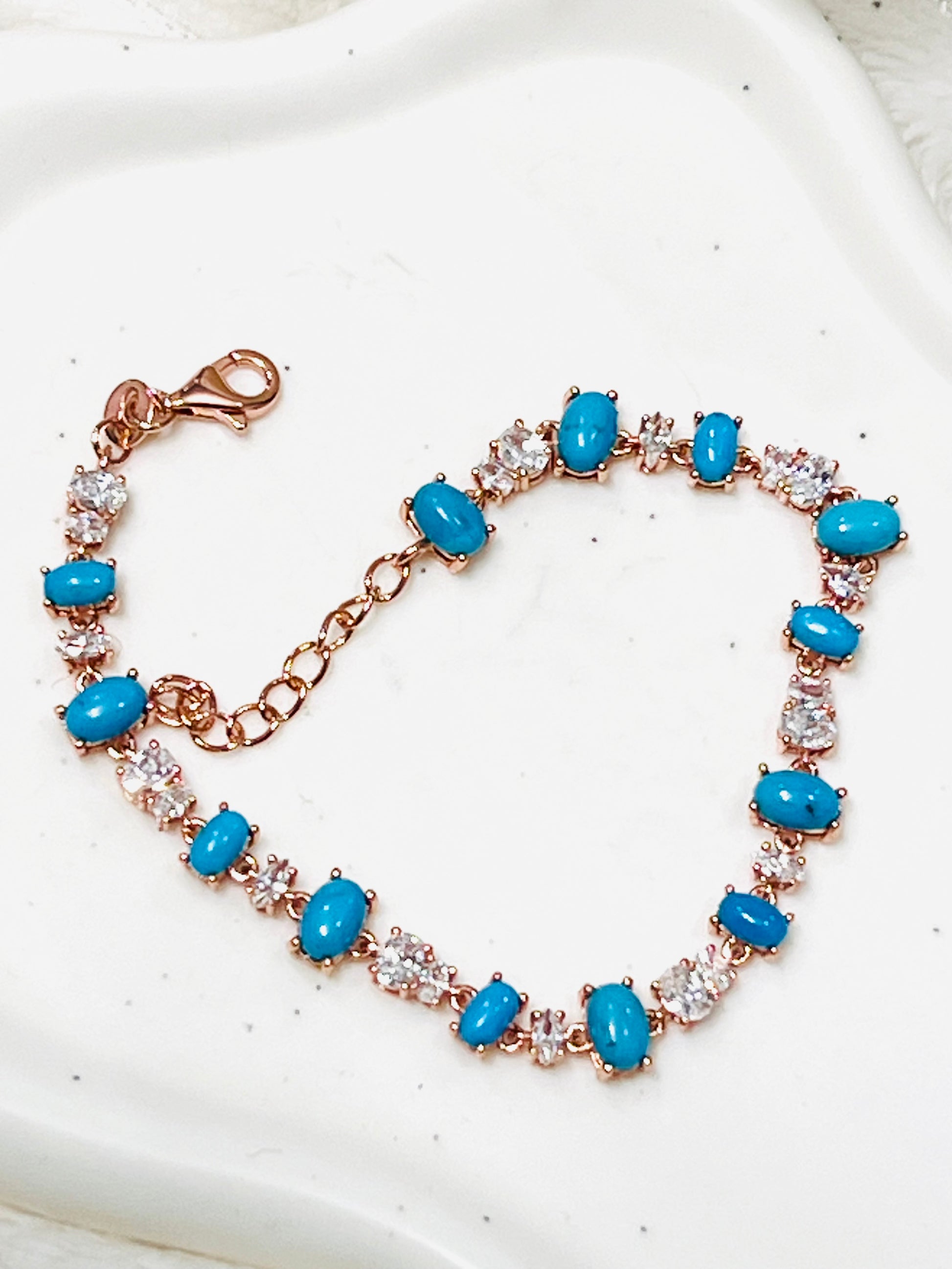 Handmade Blue Turquoise & White Zircon Bracelet 7.5 In