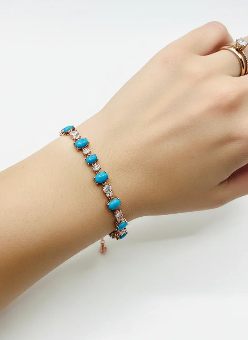 Handmade Blue Turquoise & White Zircon Bracelet 7.5 In