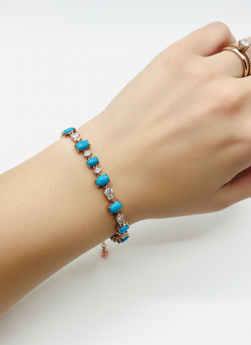 Handmade Blue Turquoise & White Zircon Bracelet 7.5 In