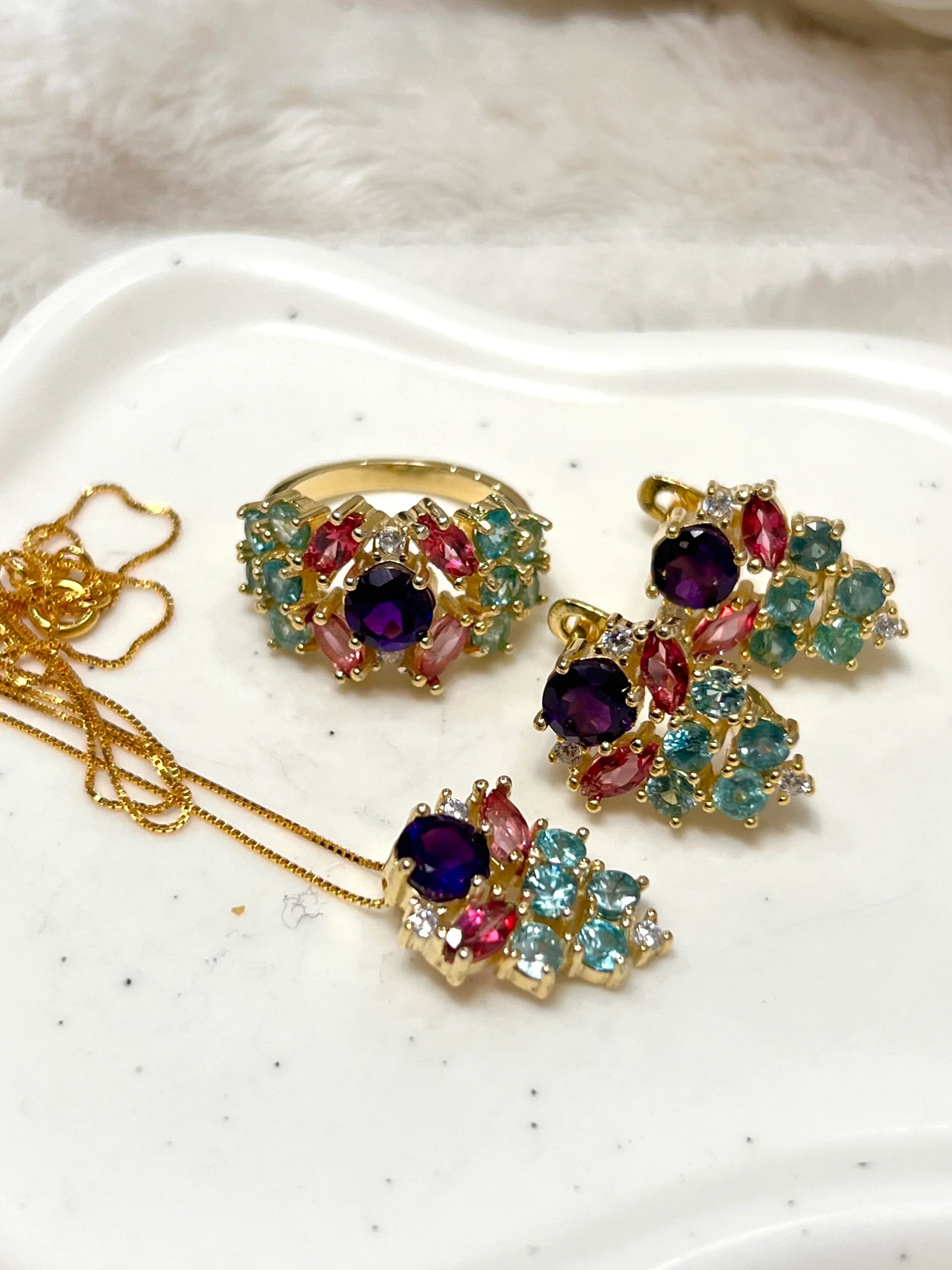 Handmade Amethyst, Paraíba Tourmaline & Pink Sapphire Jewelry Set – 18K Gold Plated Sterling Silver