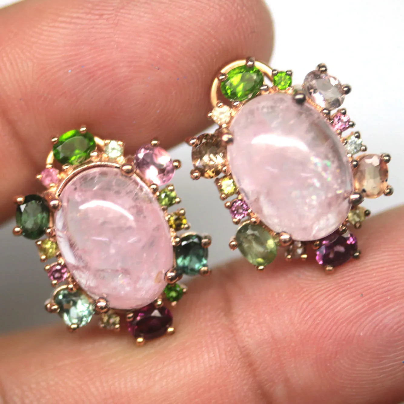 Handmade Pink Rose Quartz & Fancy Tourmaline Earrings