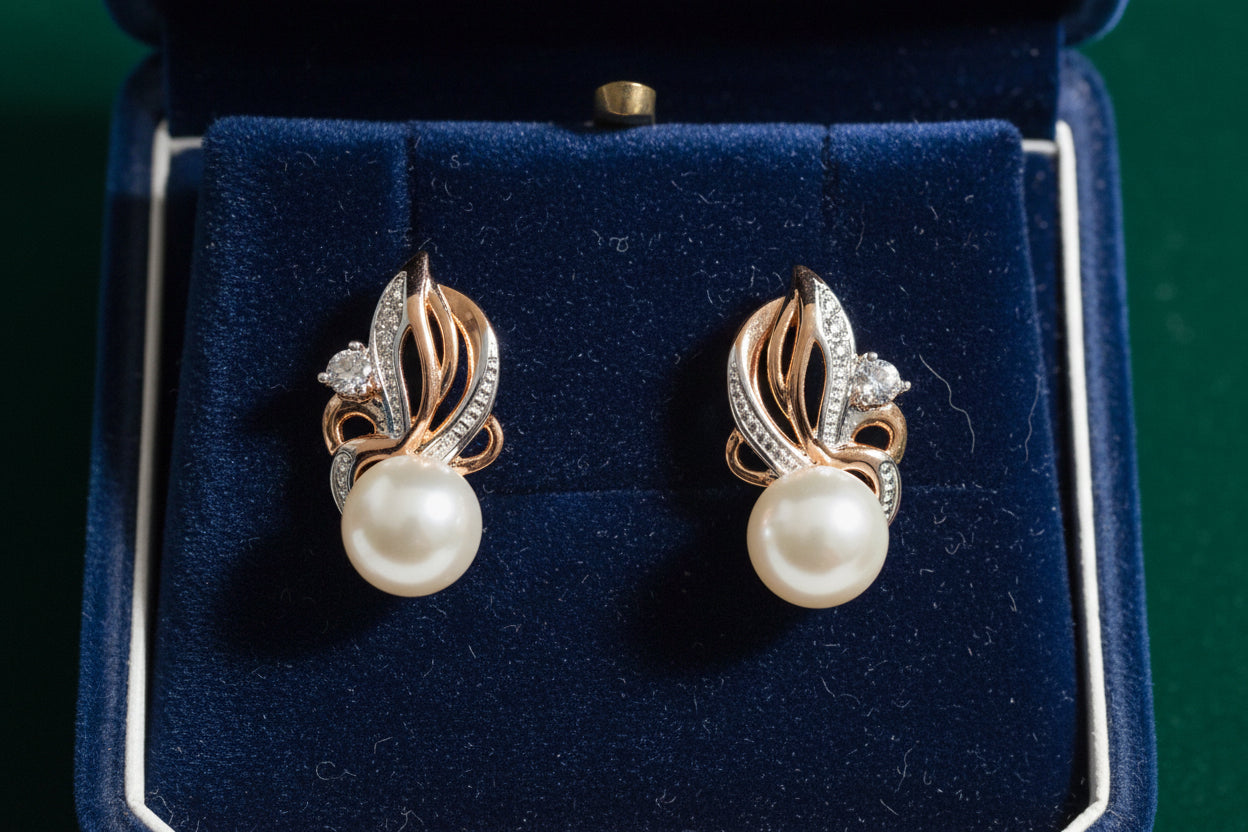 14K Rolled Gold Bridal Pearl Small Two tone earrings