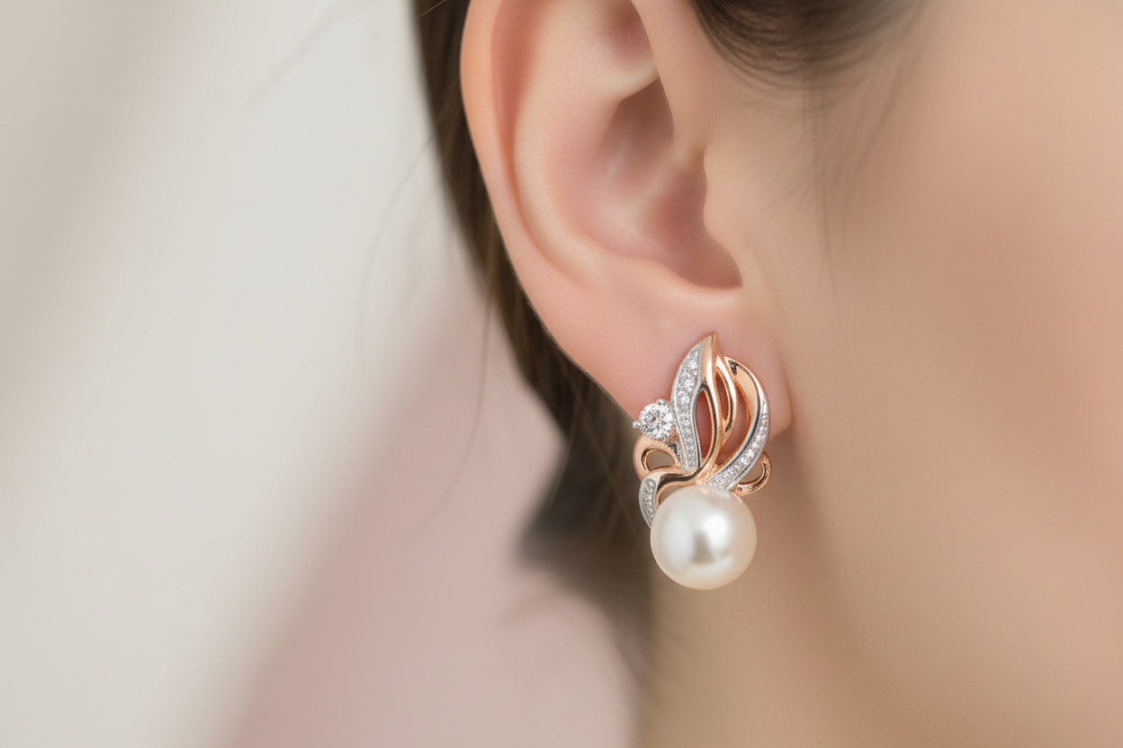 14K Rolled Gold Bridal Pearl Small Two tone earrings