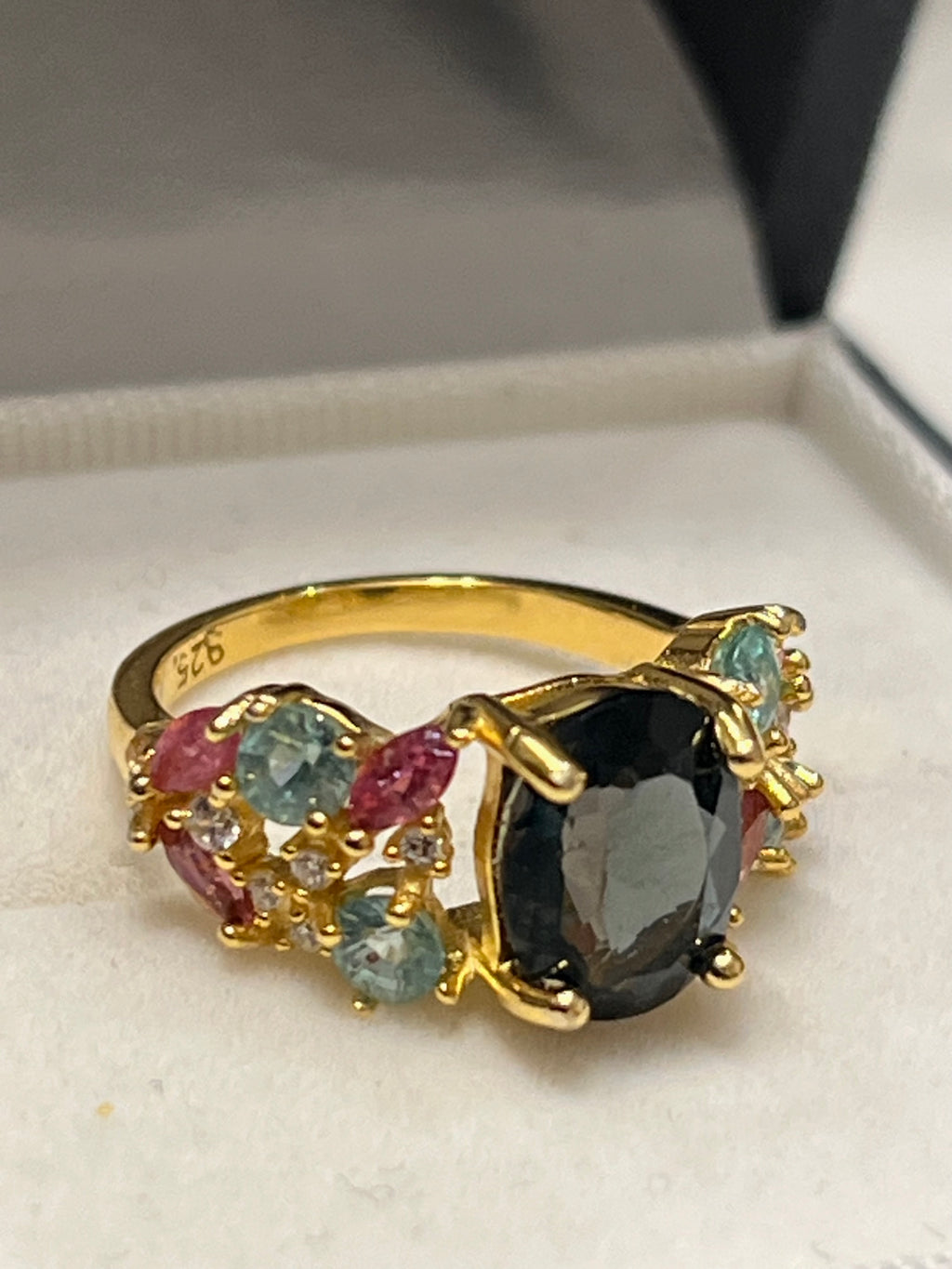 London Blue Topaz Solitaire Ring with Pink Tourmaline Accents – 18K Gold Vermeil