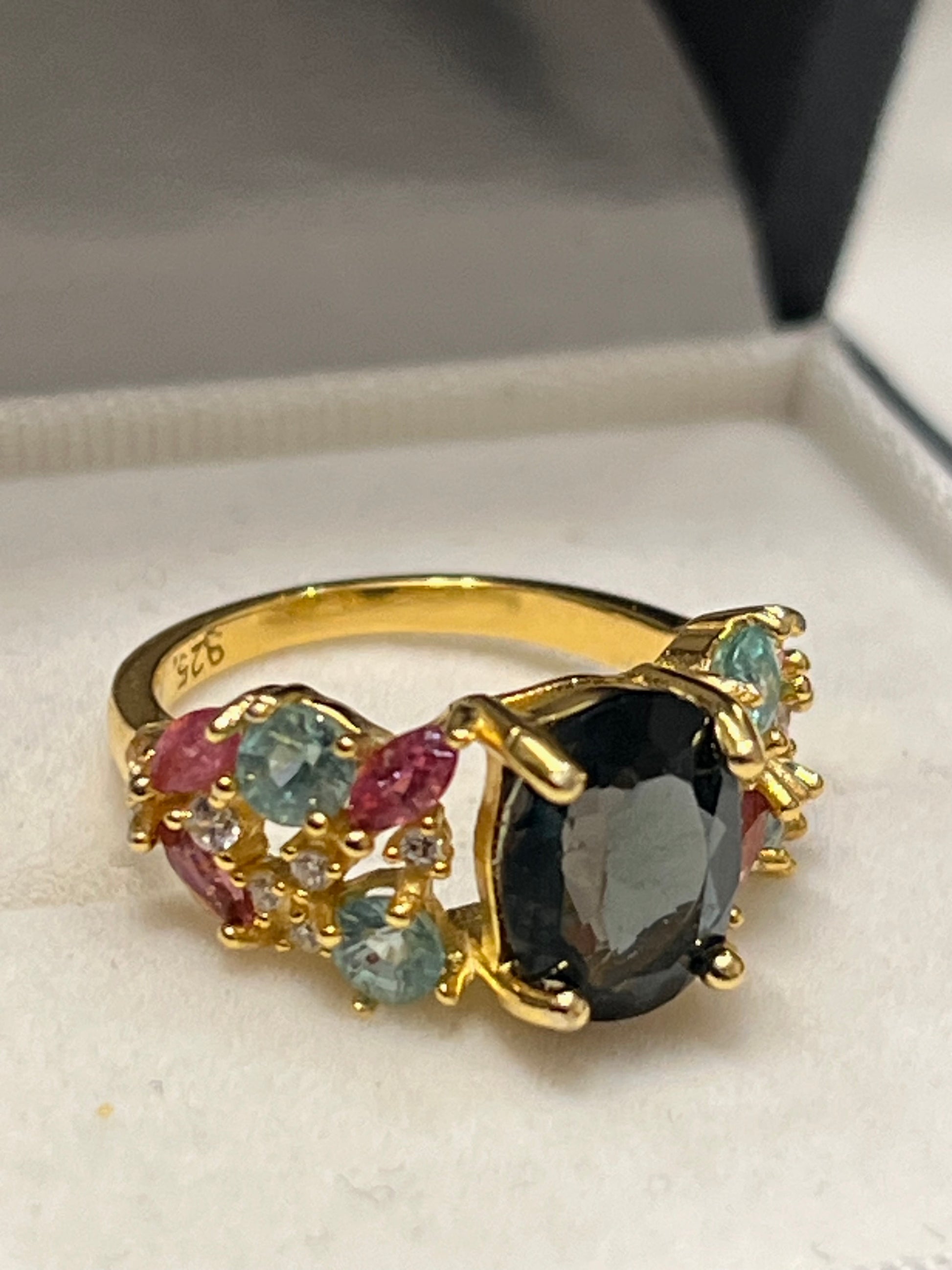 London Blue Topaz Solitaire Ring with Pink Tourmaline Accents – 18K Gold Vermeil