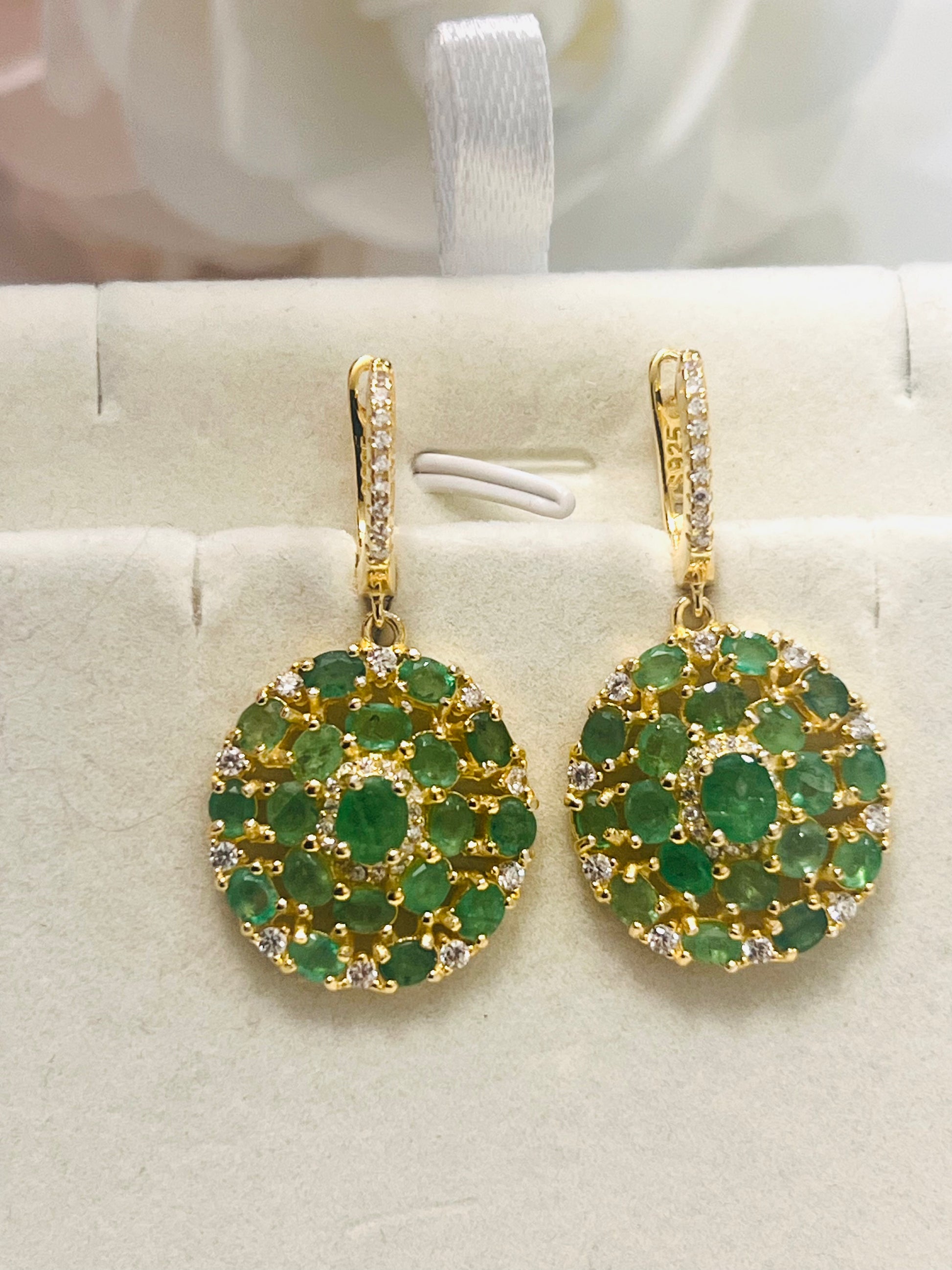 Natural Emerald & White Sapphires Flower Cluster Dangle Earrings – 18K Gold over Sterling Silver