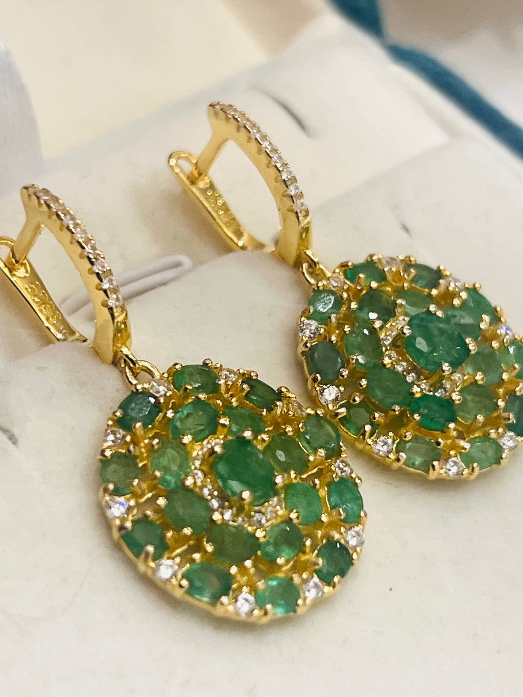 Natural Emerald & White Sapphires Flower Cluster Dangle Earrings – 18K Gold over Sterling Silver