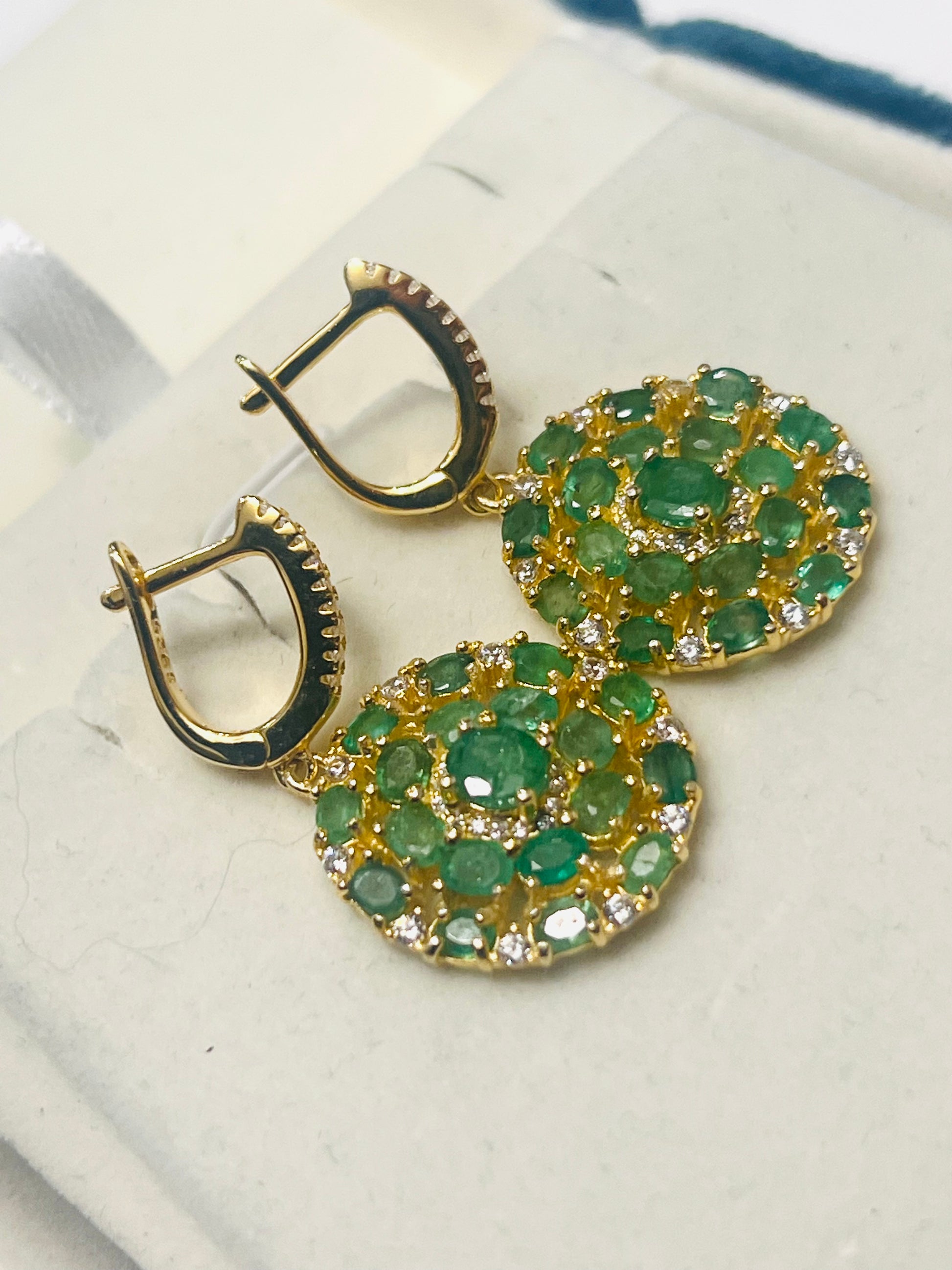 Natural Emerald & White Sapphires Flower Cluster Dangle Earrings – 18K Gold over Sterling Silver