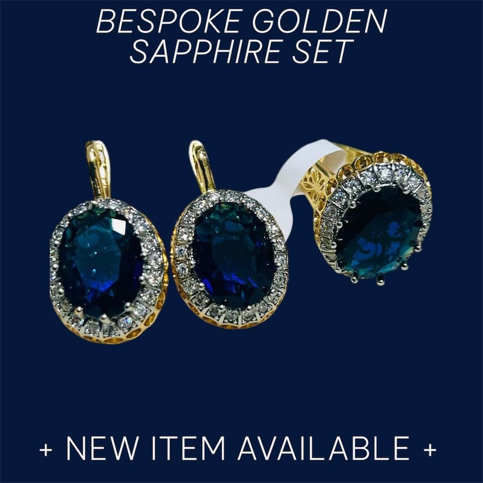 Bespoke golden sapphire and diamond halo jewelry set, including earrings and ring. New item available