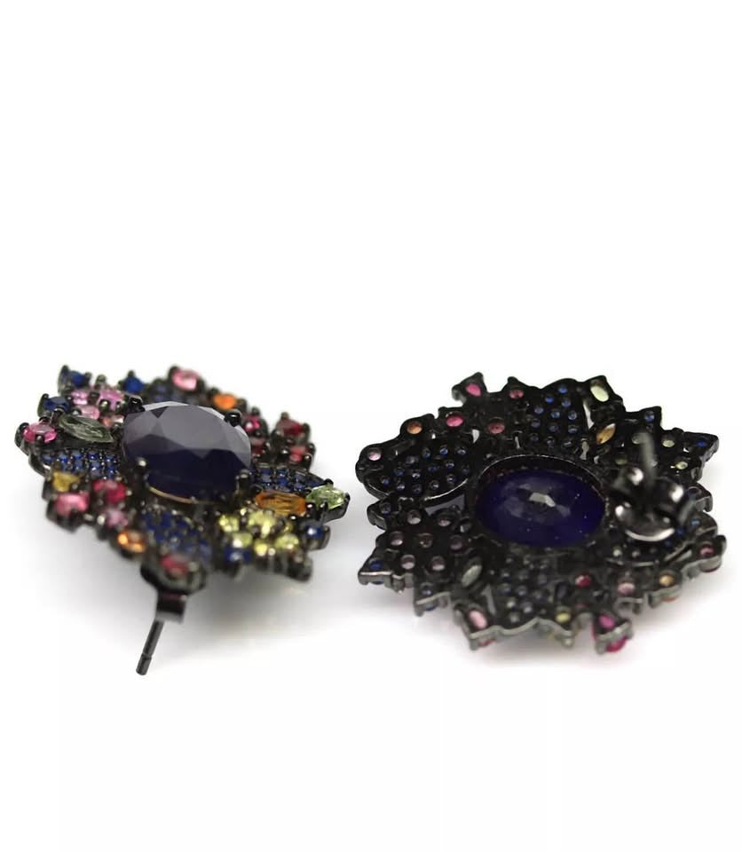  Rear and side view of natural blue and multi-colored sapphire stud earrings, showcasing their intricate design.