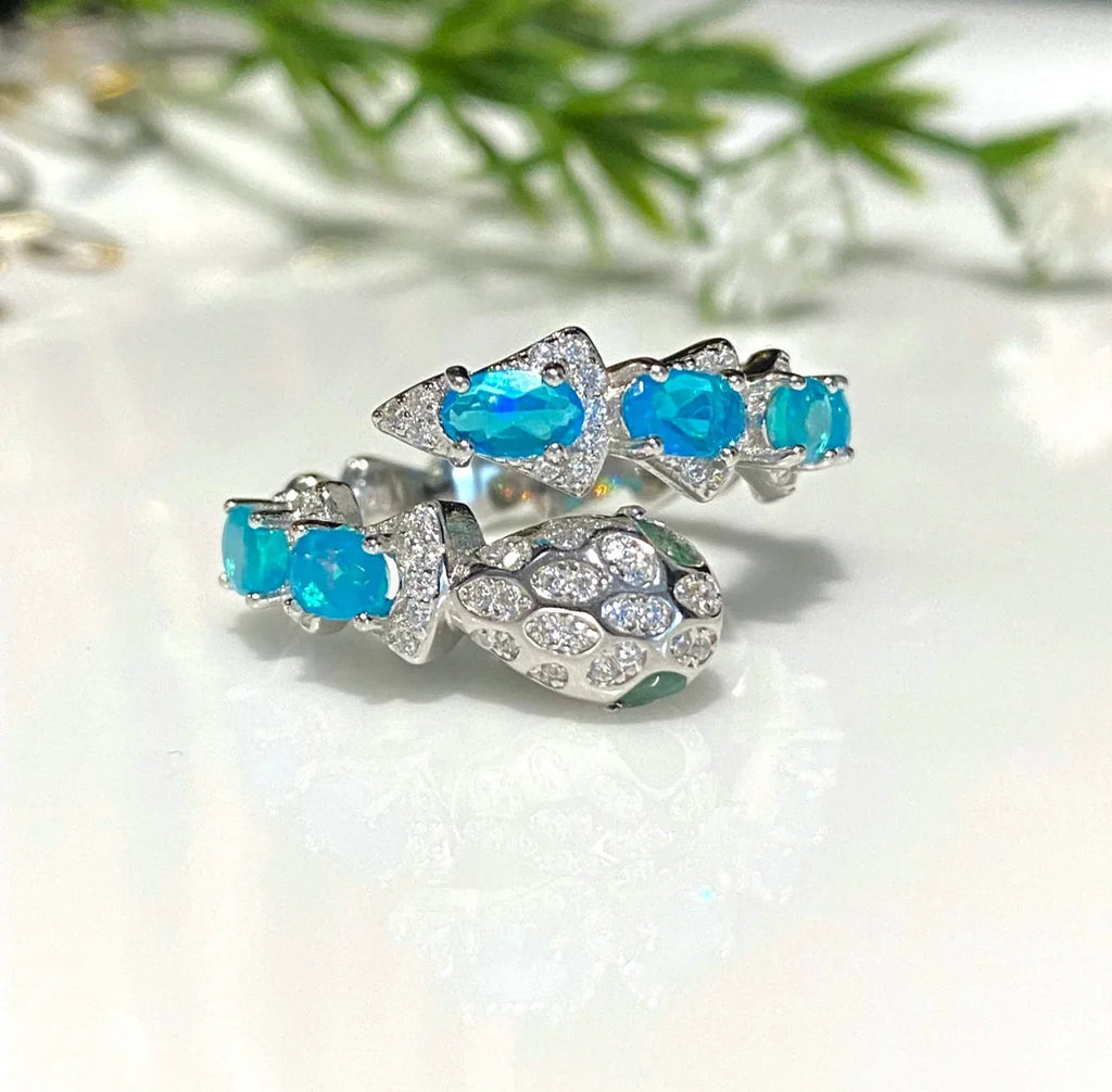 Artisan Snake Ring with Blue Fire Opal and Emerald Eyes – Handmade Gold Vermeil Statement Ring.