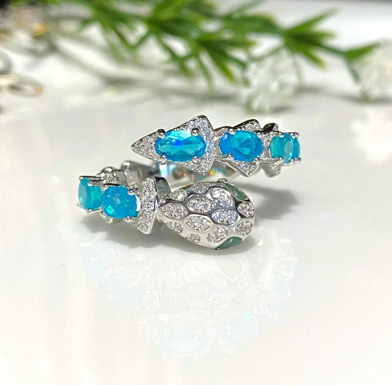 Artisan Snake Ring with Blue Fire Opal and Emerald Eyes – Handmade Gold Vermeil Statement Ring.