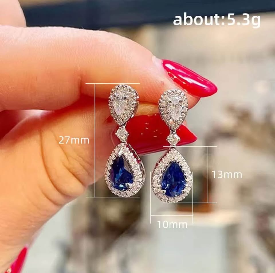 Blue sapphire bridal earrings with detailed dimensions (27mm, 13mm, 10mm) and approximate weight (5.3g).