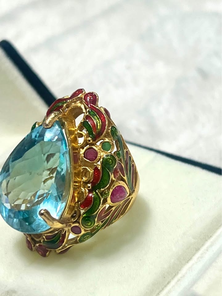 22ct natural blue topaz antique royal handmade ring in a light-colored jewelry box