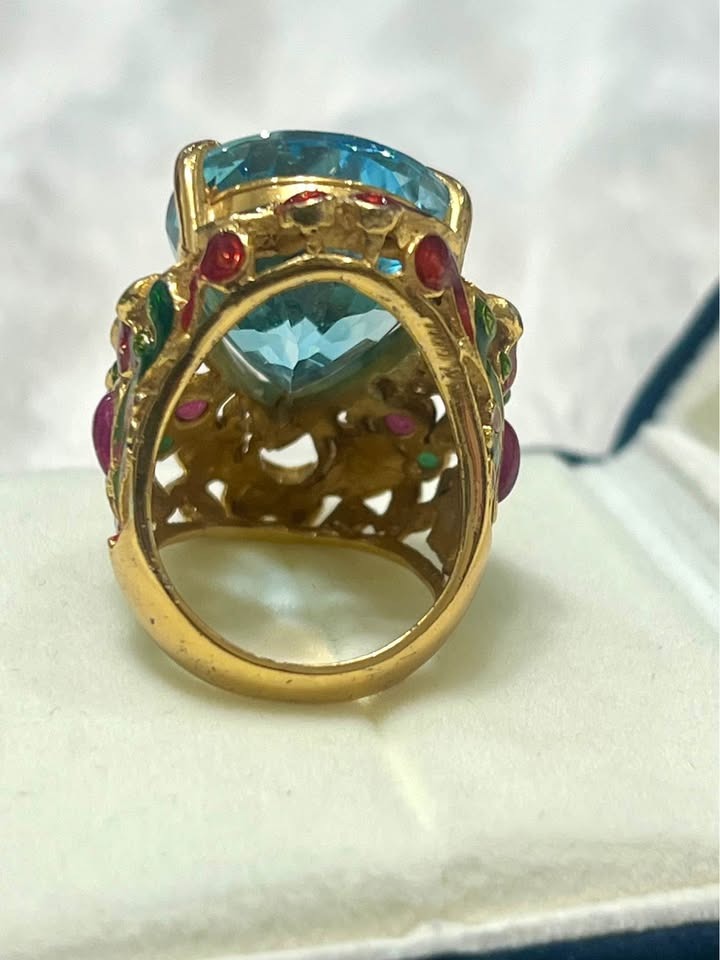 Underside view of a 22ct natural blue topaz antique royal handmade ring, showing craftsmanship.