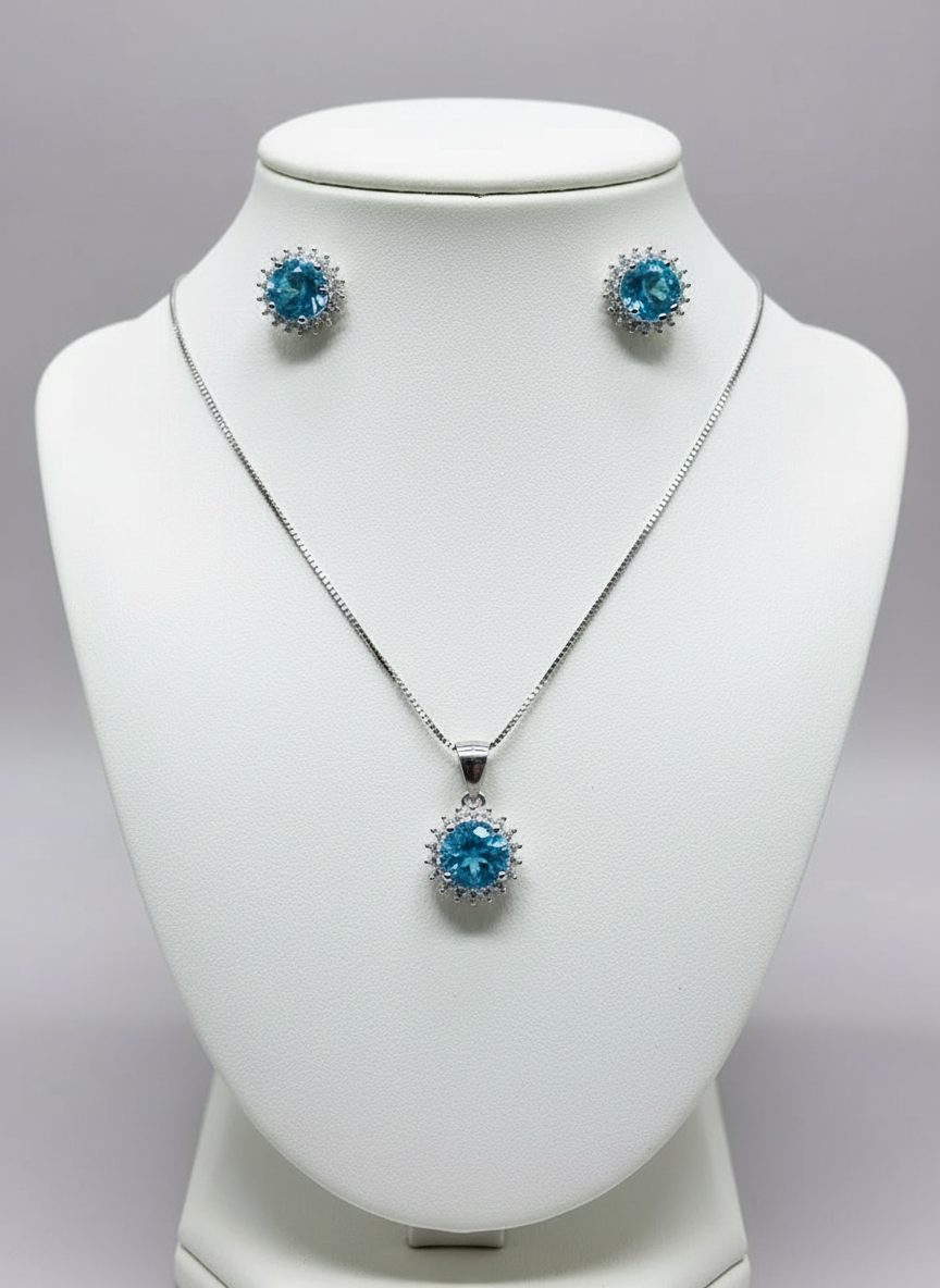 Elegant Blue Topaz Halo Set – Sterling Silver with Rhodium Plating