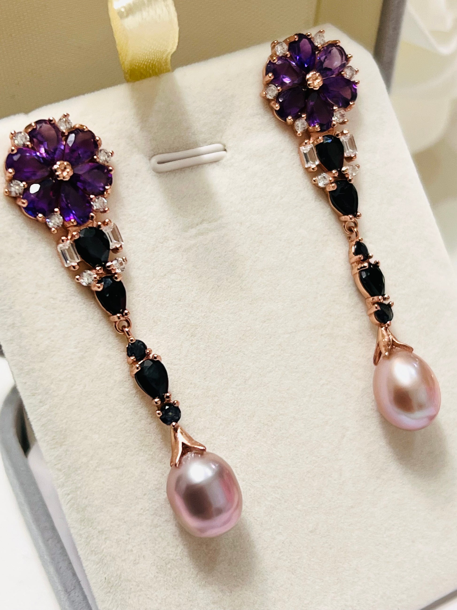 Handmade Stunning Natural Sapphire, Amethyst and South Sea Pearl Earrings