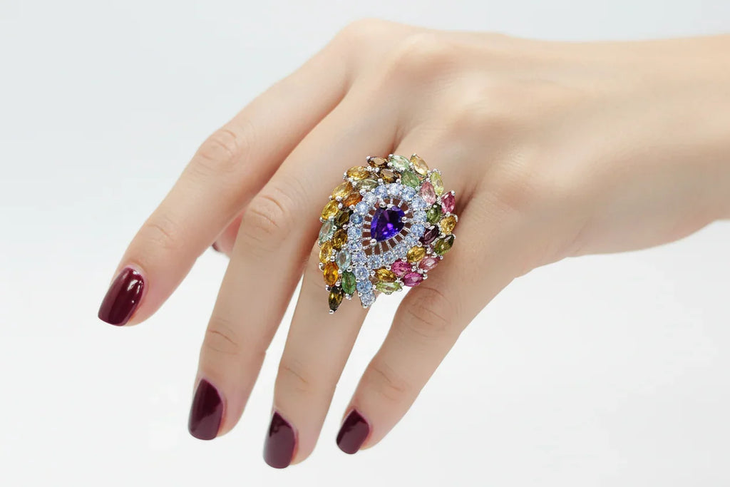 Handmade Stunning Multicolored Tourmaline & Amethyst Ring