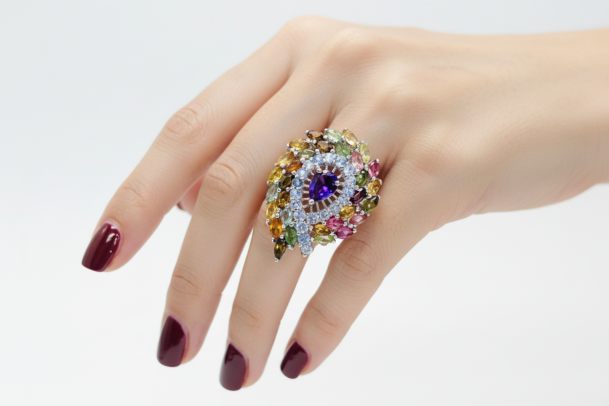 Handmade Stunning Multicolored Tourmaline & Amethyst Ring