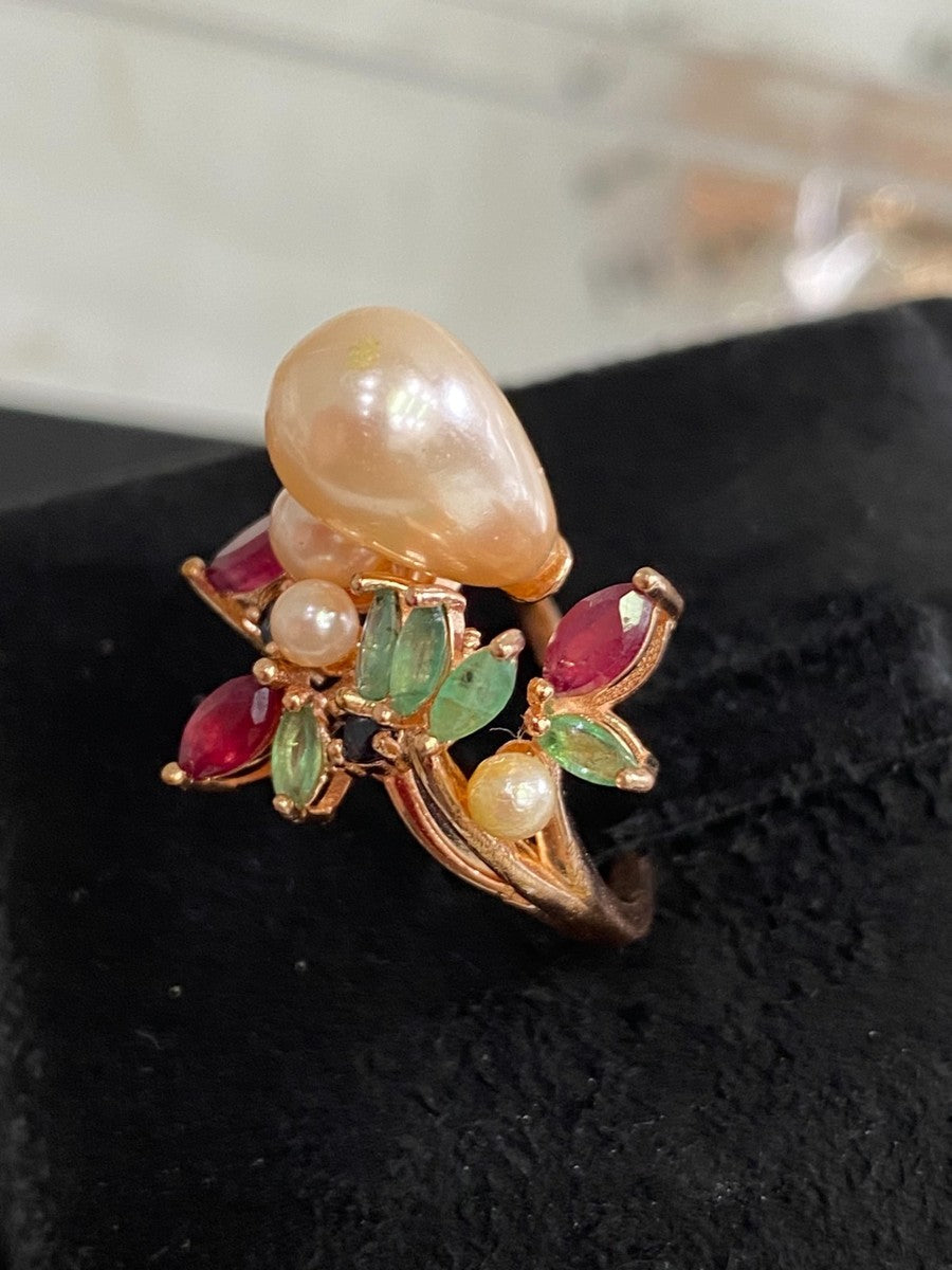 Genuine Ruby, Emerald, sapphires and Pearl Ring- artisan made