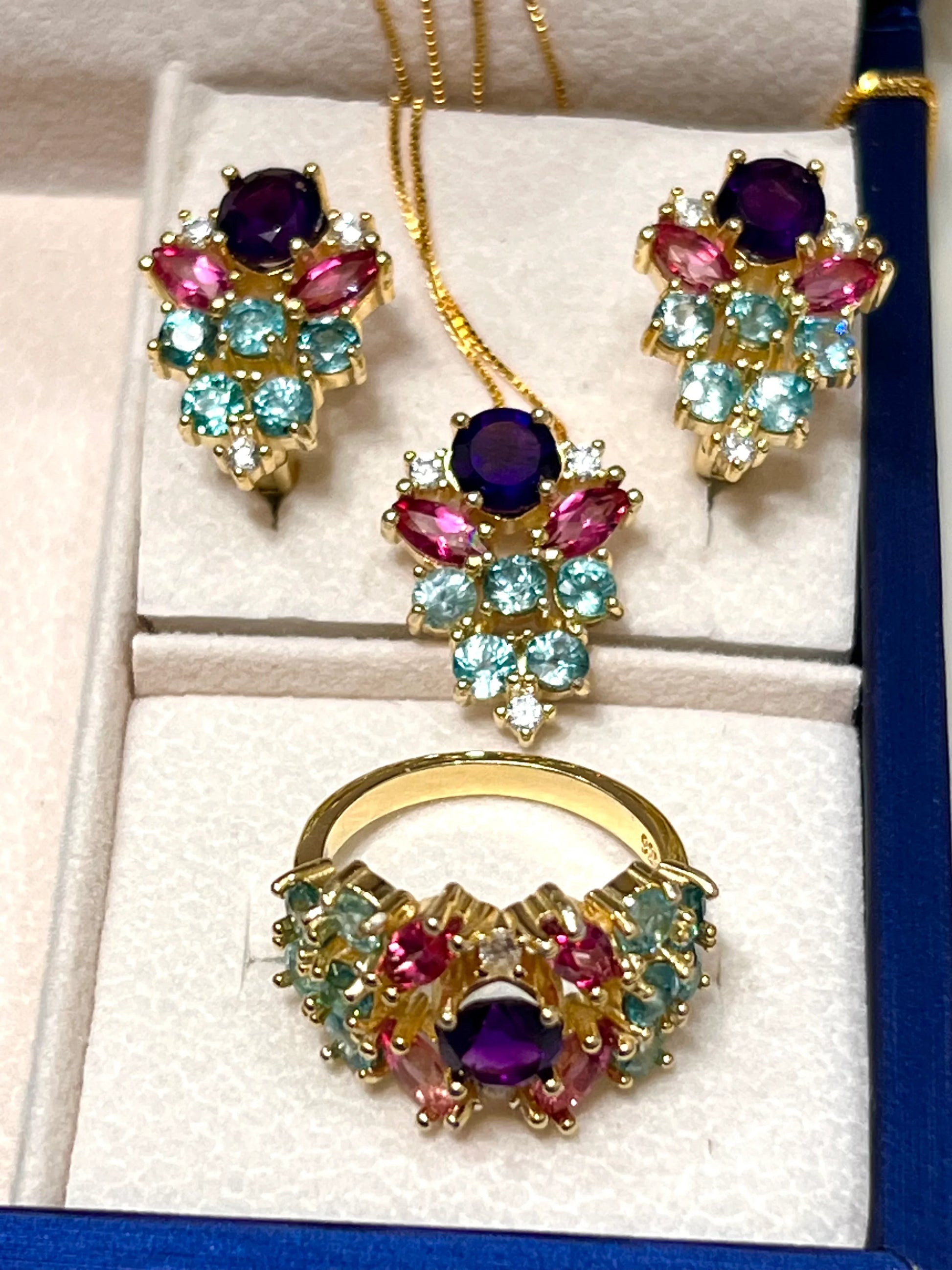 Handmade Amethyst, Paraíba Tourmaline & Pink Sapphire Jewelry Set – 18K Gold Plated Sterling Silver