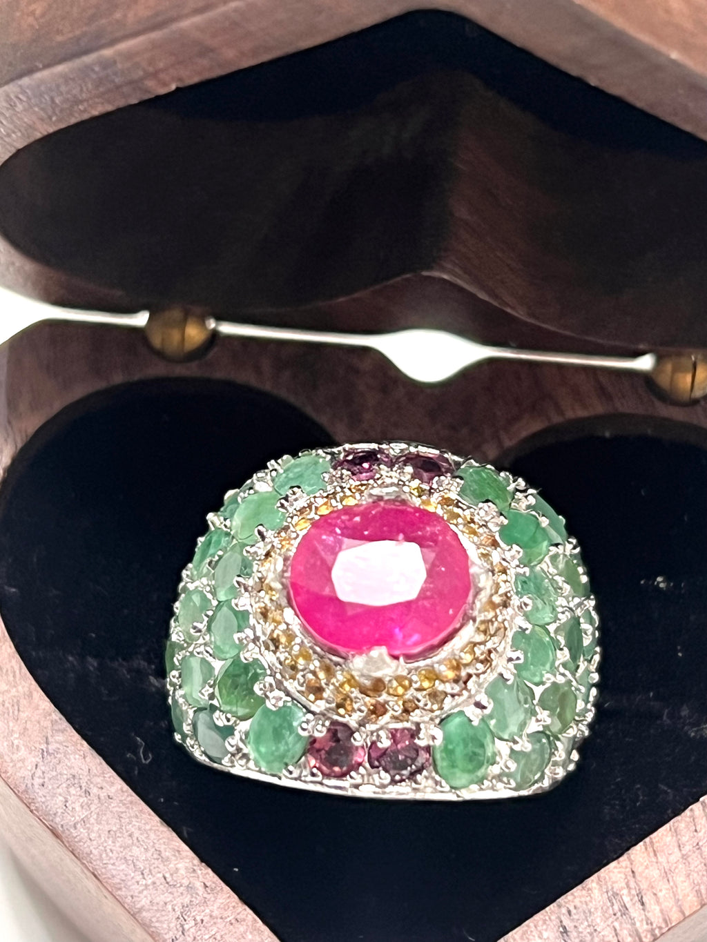 Handmade Peacock Ring with genuine Rubies and Emerald