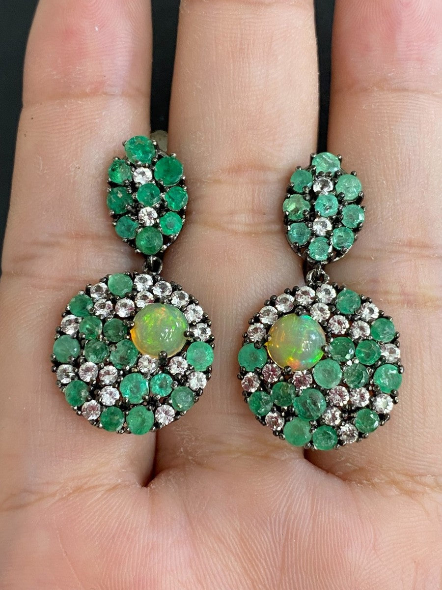 Handmade Opal, Emerald & White Topaz Ring and Earrings Set