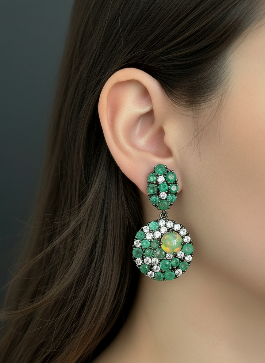 Handmade Opal, Emerald & White Topaz Ring and Earrings Set