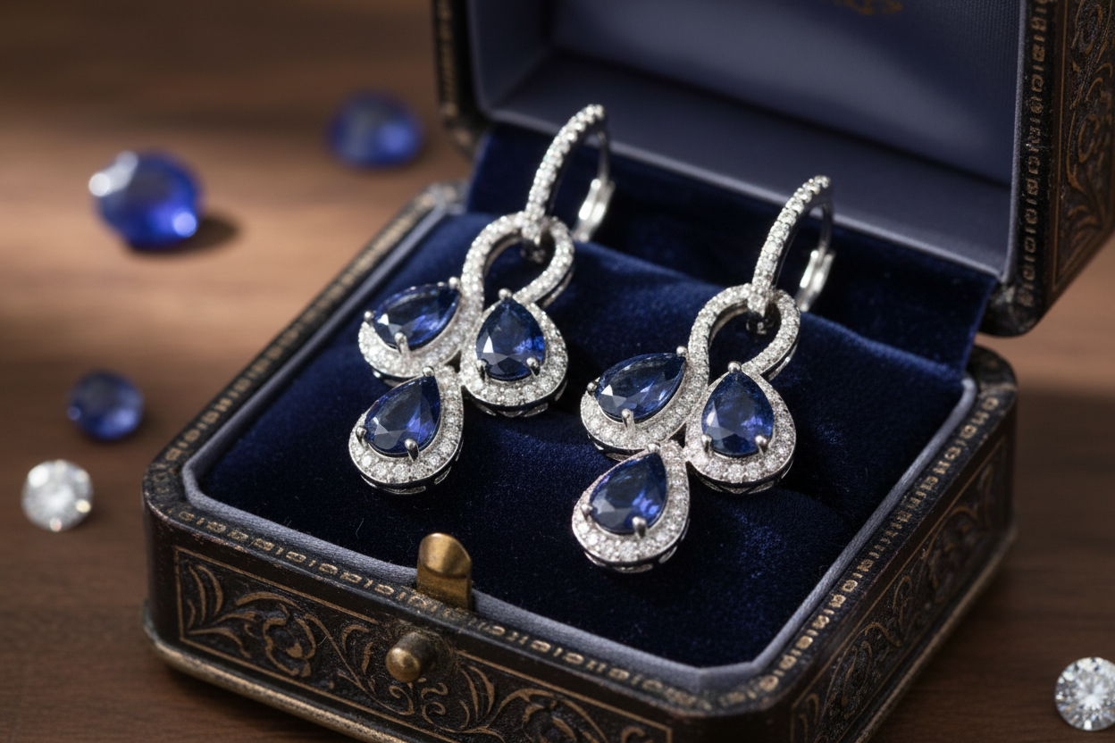 Handmade genuine Blue sapphires and white sapphires earrings