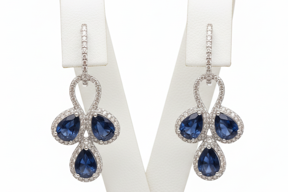 Handmade genuine Blue sapphires and white sapphires earrings