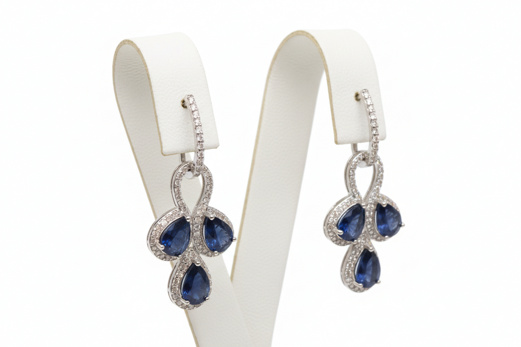 Handmade genuine Blue sapphires and white sapphires earrings