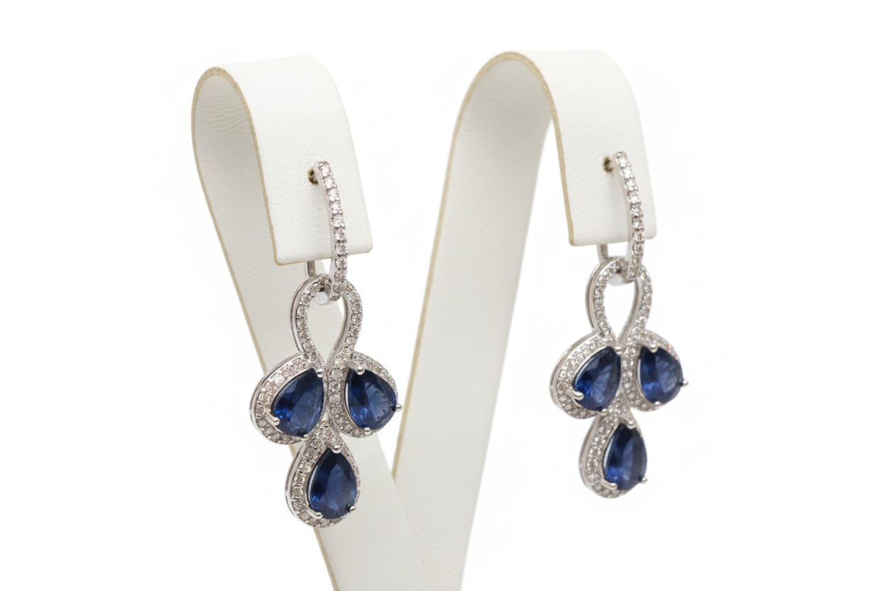 Handmade genuine Blue sapphires and white sapphires earrings